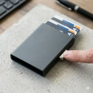 A mechanical aluminum cardholder ejecting credit cards at the click of a trigger button.