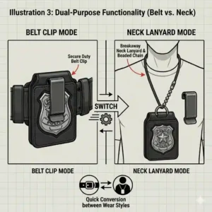 An infographic showing a convertible police badge holder switching from a belt clip mount to a neck lanyard style.