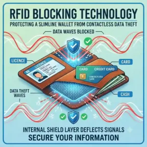 An illustration demonstrating RFID blocking technology protecting a slimline wallet from contactless data theft waves.