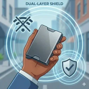 A minimalist aluminum credit card protector case with a mechanical button to eject cards smoothly.
