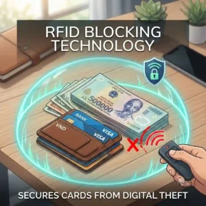 An infographic displaying how the best money clip utilizes RFID blocking technology to secure credit cards.
