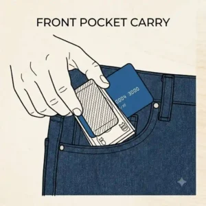 A line art illustration demonstrating a compact clip money clip fitting easily into a front pants pocket.