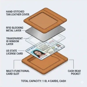An exploded-view illustration showing the capacity of an id holder wallet with slots for cards, cash, and a driver's license.