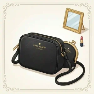 A stylized flat-lay arrangement of a black Kate Spade coin purse placed alongside a matching Kate Spade crossbody bag.