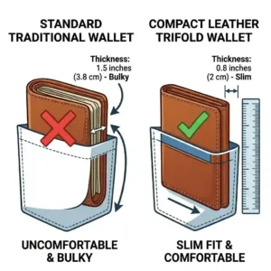 An illustration comparing the slim profile of a loaded mens leather trifold wallet fitting easily into a back pocket.