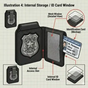 An illustration highlighting the back of a police badge holder featuring a clear mesh window for a law enforcement ID card.