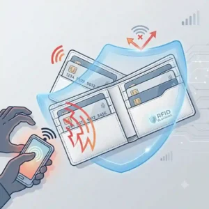 Illustration showing an RFID blocking white wallet protecting credit cards from wireless theft signals.