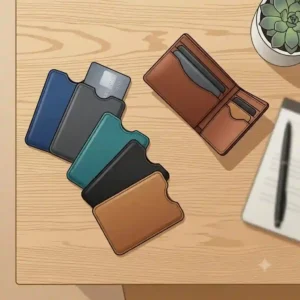 A minimalist vector design showing multiple ultra-slim credit card sleeves fitting perfectly into a standard bifold wallet slot.