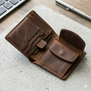 An open asymmetric brown leather bifold wallet with hidden slots, an example of classic yet unique mens wallets.