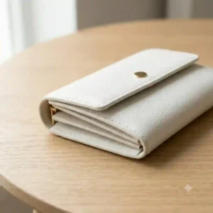 Side profile view of a compact bifold white wallet showing its slim thickness when closed.