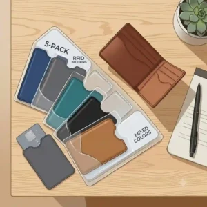 A multi-pack assortment of credit card sleeves displayed in various vibrant colors and minimalist patterns.