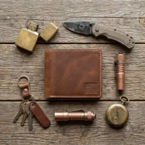 An everyday carry kit featuring a leather made in usa wallet and essential gear