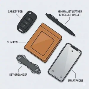 Flat lay illustration of everyday carry items including keys, a smartphone, and a compact id holder wallet.