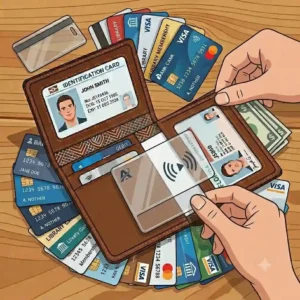 A minimalist grey id card wallet with an attached keyring and single key.
