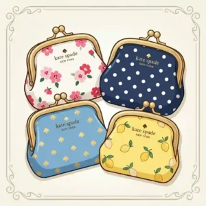 A charming illustration of four diverse Kate Spade coin purse models featuring floral, polka dot, lemon, and spade patterns.