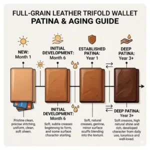 A timeline illustration showing how a full-grain mens leather trifold wallet develops a rich, natural patina over years of use.