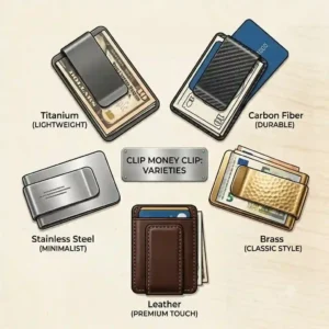 A graphic display of various clip money clip designs in titanium, brass, and classic leather.