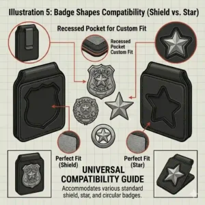 A visual guide showing how different badge shapes fit into the police badge holder, including a 5-point star and a traditional shield.