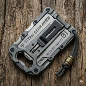 A heavy-duty tactical metal wallet featuring a built-in bottle opener and screwdriver tool card.