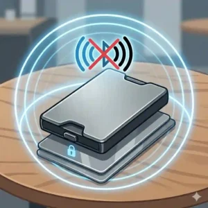 An illustration of a traveler at an airport safely carrying their passport and cards in a credit card protector pouch.