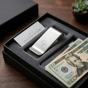 An elegant premium packaging setup presenting the best money clip as a luxury gift item.