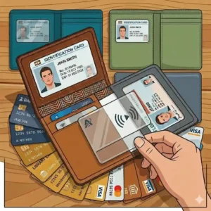 A vibrant green compact id card wallet next to a smartphone.