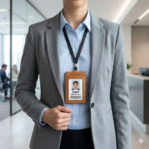 Illustration of an office worker wearing a vertical id holder wallet attached to a neck lanyard.