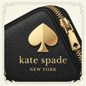 Macro detail image highlighting the embossed gold logo and metal zipper hardware on a classic black Kate Spade coin purse.
