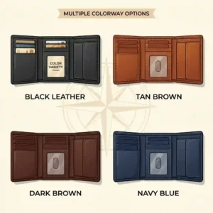 A vector illustration showcasing a mens leather trifold wallet in various colors, including black, tan, dark brown, and navy.