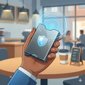 A smiling person paying at a cafe, knowing their personal data is safe inside a credit card protector.