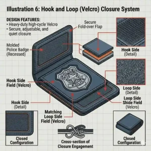 An exploded view illustration of the hook and loop closure system on a folding leather police badge holder.