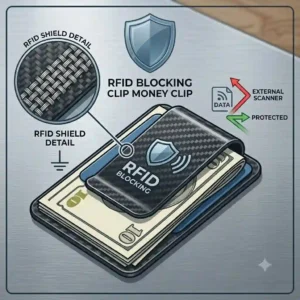 An abstract vector illustration showing an RFID-blocking shield protecting cards inside a clip money clip.