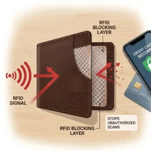 Technical diagram showing the RFID blocking layer integrated into a made in usa wallet