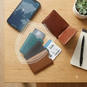 An illustration of a traveler at an airport confidently holding a passport and a smartphone protected by credit card sleeves.