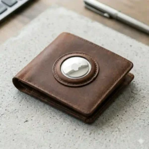 A modern leather smart wallet with a built-in slot tracking a smart tag device.