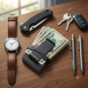 A top-down flat lay view of essential EDC gear featuring the best money clip alongside a watch and keys.