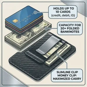 An exploded-view diagram showing the card and cash capacity of a modern clip money clip.