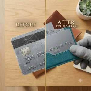 A side-by-side comparison illustration showing a heavily scratched magnetic strip on a bare card versus a pristine card protected by credit card sleeves.