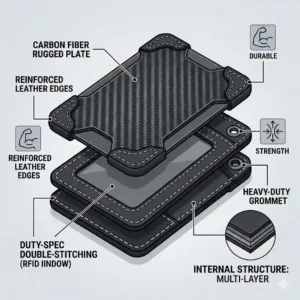 Detailed illustration highlighting the reinforced stitching and durable material of a tactical id holder wallet.
