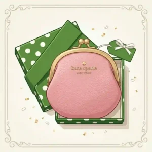 A pink Kate Spade coin purse presented as a premium item next to its signature green polka-dot gift box and a decorative gift tag.