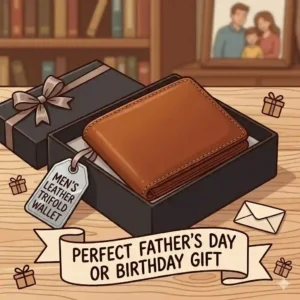 An illustration of a luxury mens leather trifold wallet presented next to an elegant black gift box, perfect for Father's Day or birthdays.