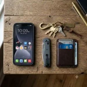 An everyday carry flat lay featuring a smartphone, keys, a pocket knife, and a minimalist slimline wallet on a wooden desk.