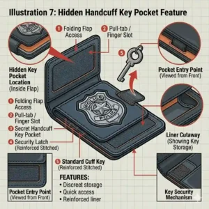 An illustration revealing a hidden tactical handcuff key pocket built into the interior lining of a police badge holder.