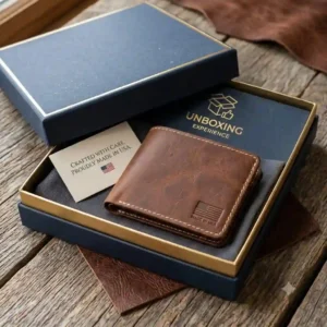 "A premium made in usa wallet presented inside a sustainable recycled cardboard gift box."