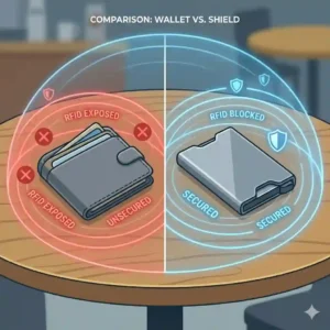 A side-by-side checklist comparing a vulnerable traditional wallet with a secure credit card protector.
