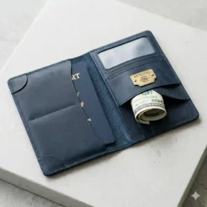 A slim navy blue leather travel passport organizer designed as one of the most unique mens wallets for travel.