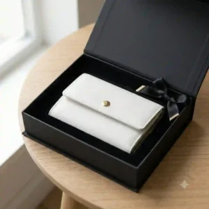 Premium white wallet neatly packaged inside a matte black luxury gift box with a ribbon.
