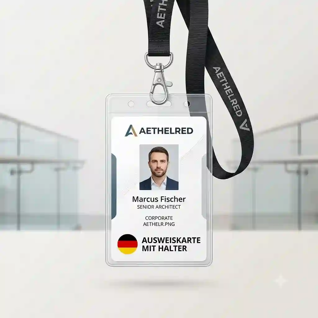 A premium clear plastic id card with holder attached to a black lanyard.