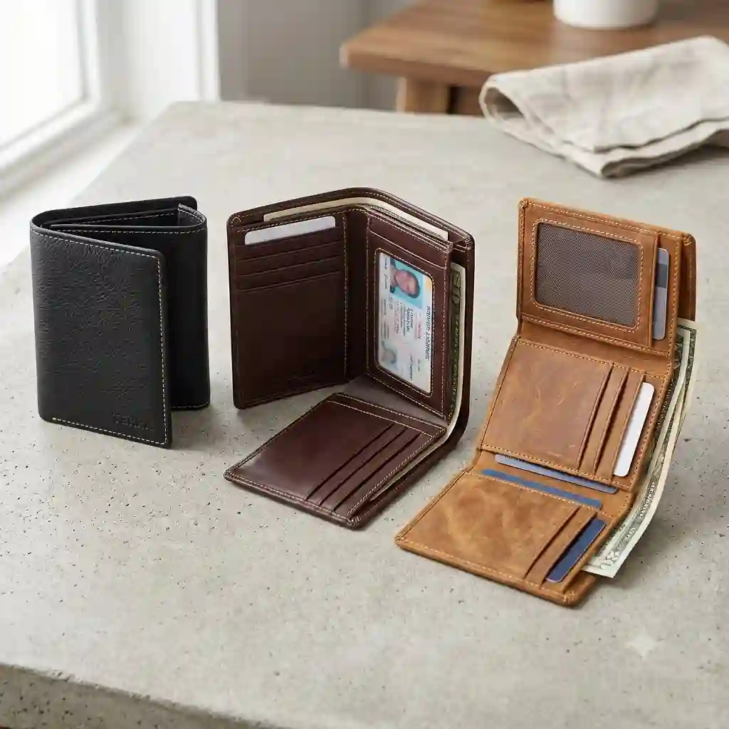 A curated selection of high-quality tri fold wallets for men in different leather textures and colors.