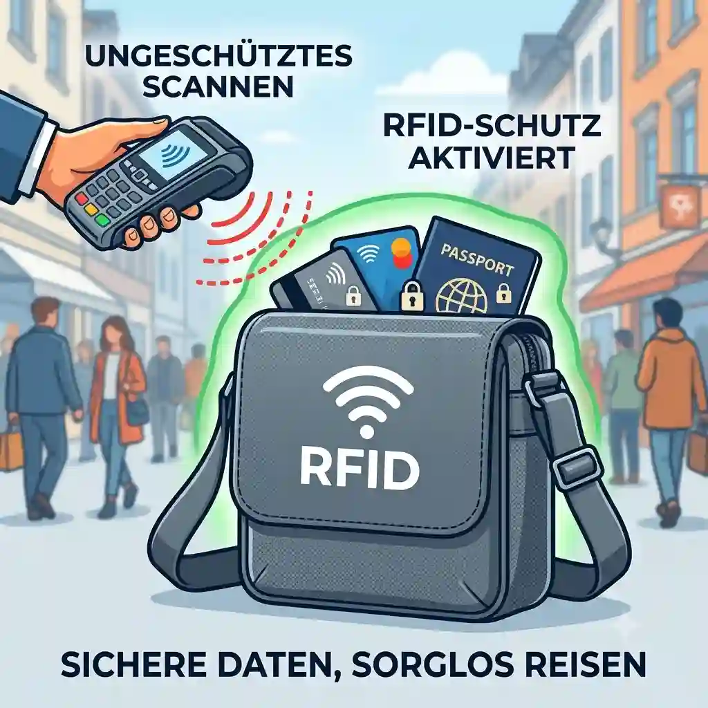 A sleek black RFID bag resting on a table, displaying its secure anti-theft compartments for contactless card protection.